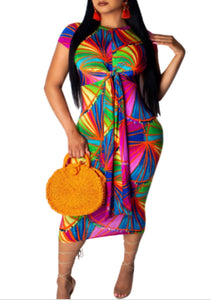 Bahama Breeze, multi color palm print body con dress